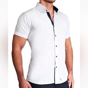 State & Liberty Shirt Mens Medium Athletic Fit White Stretch Short Sleeve Button